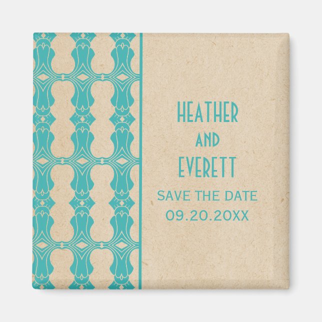 Aqua Art Deco Border Save the Date Magnet (Front)