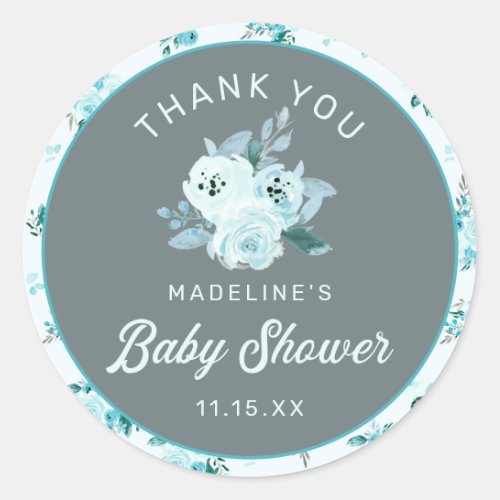 Aqua  Baby Blue Floral Baby Shower Thank You Classic Round Sticker