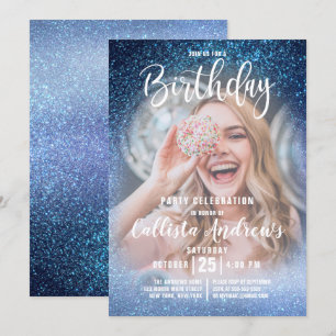 Aqua Baby Blue Triple Glitter Ombre Photo Birthday Invitation