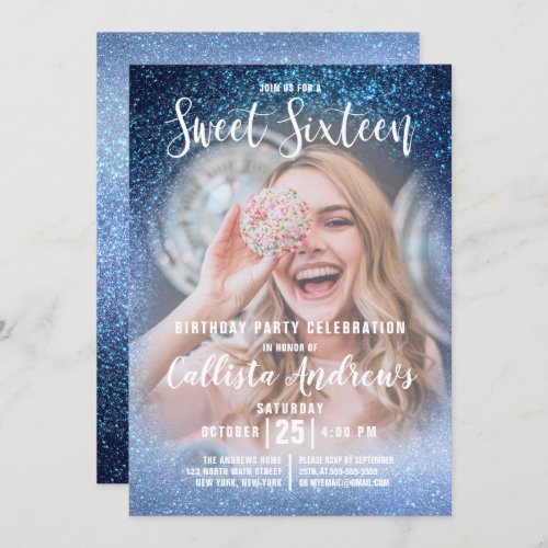 Aqua Baby Blue Triple Glitter Ombre Photo Sweet 16 Invitation