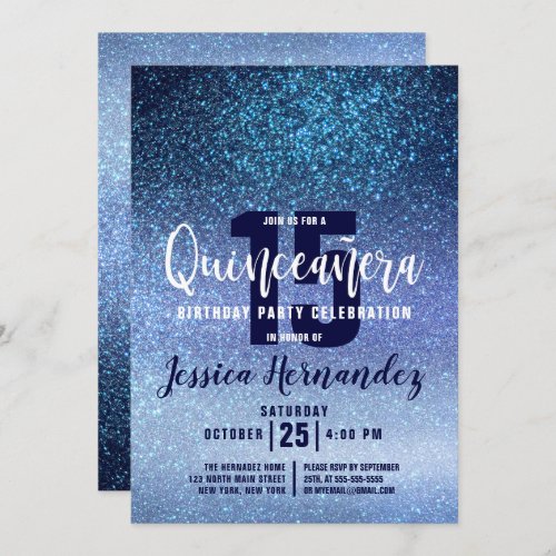 Aqua Baby Blue Triple Glitter Ombre Quinceaa Invitation