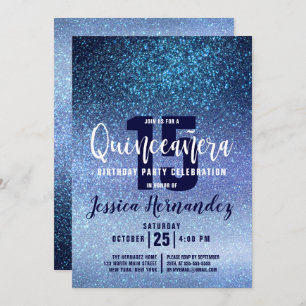 Aqua Baby Blue Triple Glitter Ombre Quinceaña Invitation