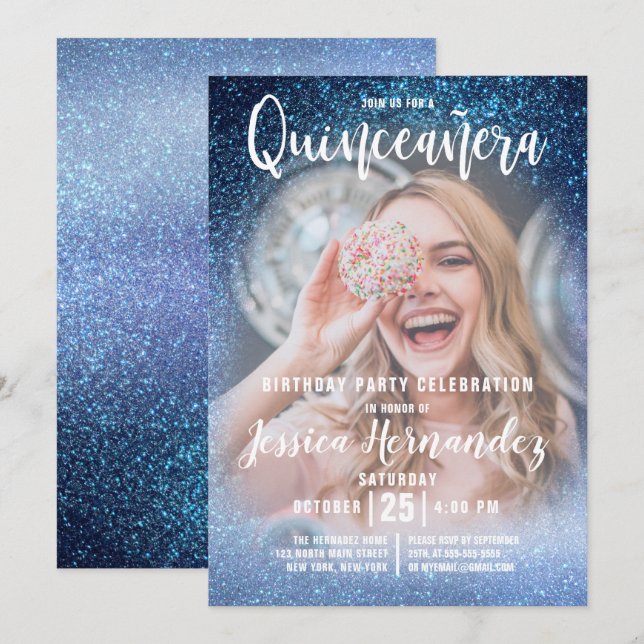 Aqua Baby Blue Triple Glitter Photo Quinceañera Invitation (Front/Back)