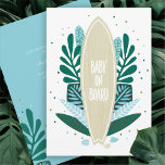 Aqua Baby On Board Baby Shower Invitation<br><div class="desc">Surfs up! Tropical surf themed baby shower invitation with a natural wood grain surfboard and tropical leaves in shades of aqua blue and green.</div>