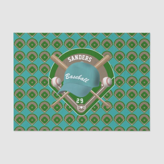 Aqua Baseball Diamond Player Name and Number Tissue Paper (Front)