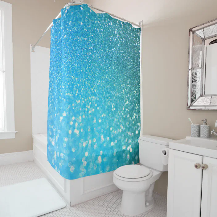Aqua Beach Blue Summer Glitter Shower, Teal Shimmer Shower Curtain