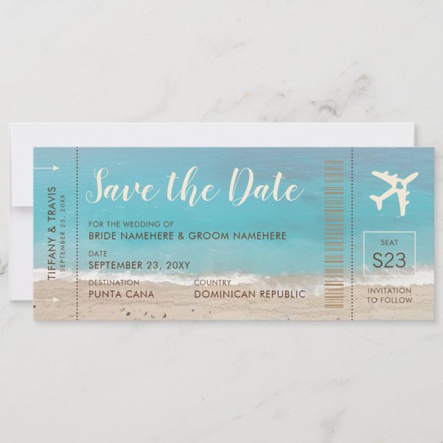 Aqua Beach Boarding Pass Ticket Save the Date Card (Front)