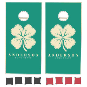 Aqua Beach Breeze Four Leaf Clover with Name Cornhole Set