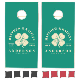 Aqua Beach Breeze Irish Lucky Clover Wedding Crest Cornhole Set