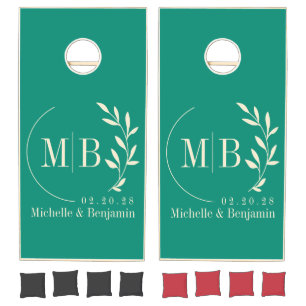 Aqua Beach Breeze Leaf Wedding Monogram Cornhole Set