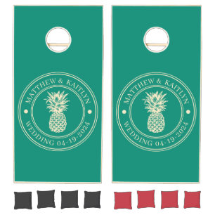 Aqua Beach Breeze Pineapple Wedding Crest & Names Cornhole Set
