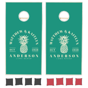 Aqua Beach Breeze Tropical Pineapple Wedding Crest Cornhole Set