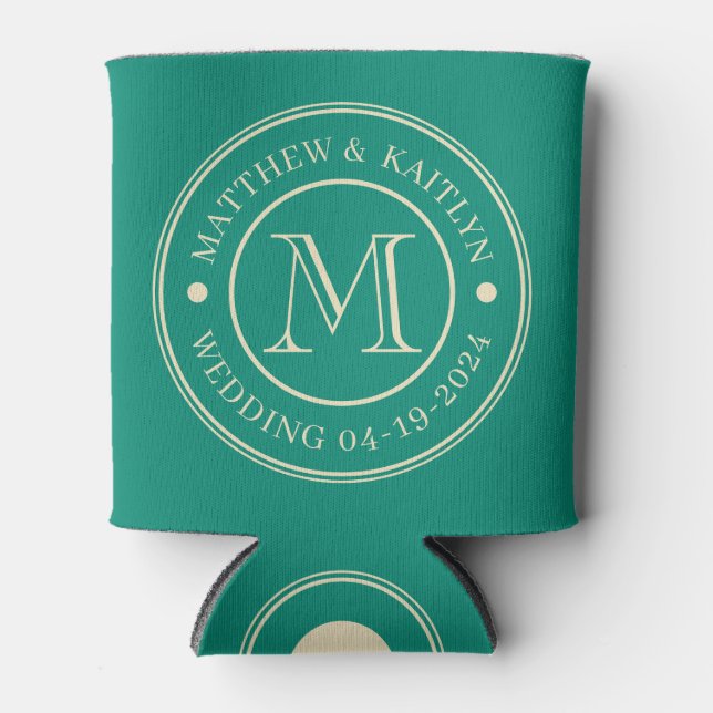 Aqua Beach Breeze Wedding Monogram Can Cooler (Front)