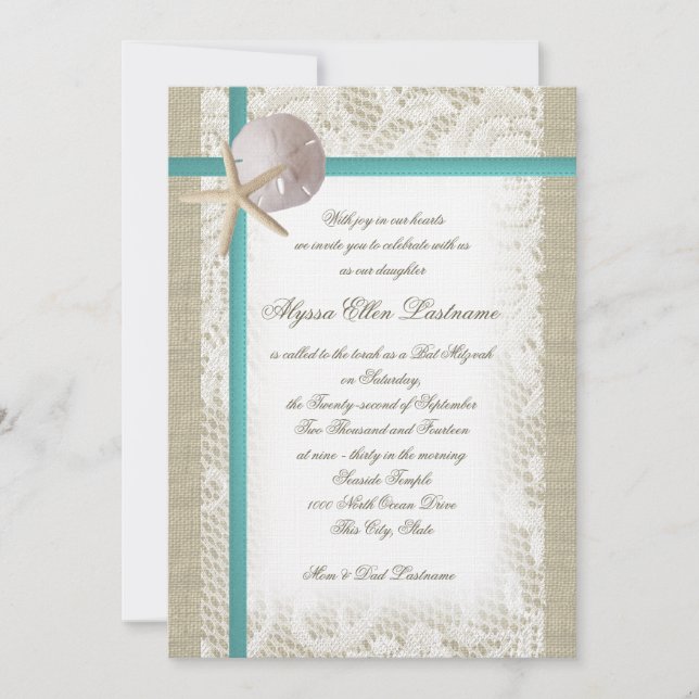 Aqua Beach Burlap and Lace Bat Mitzvah Invitation (Front)