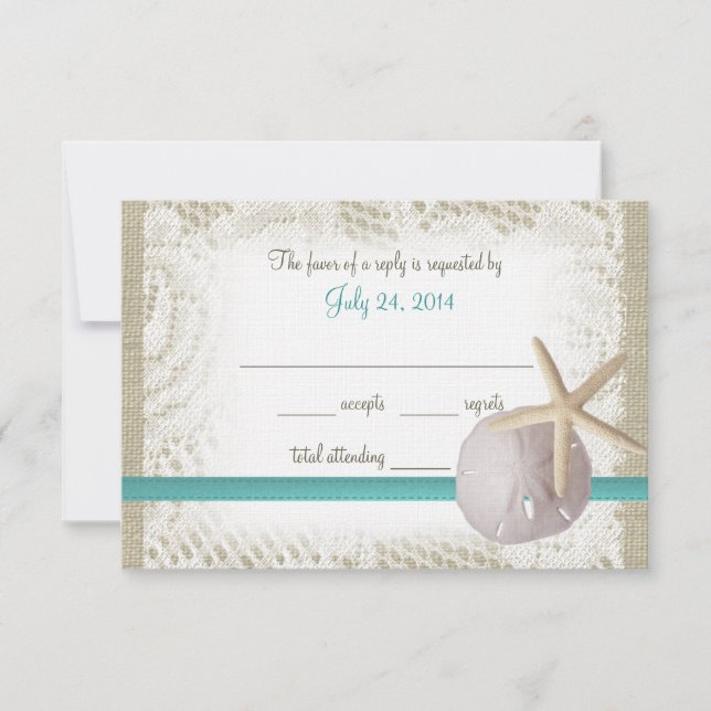 Aqua Beach Burlap and Lace Reply RSVP Card (Front)