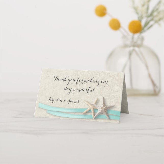 Aqua Beach Starfish and Ribbon Place Card (Front)