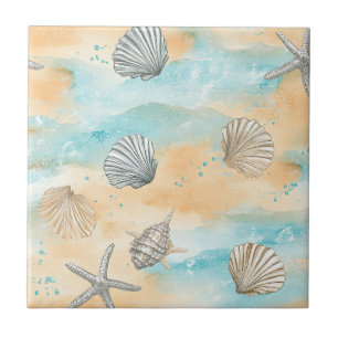 Aqua Beach Vacation Seashell Pattern Ceramic Tile