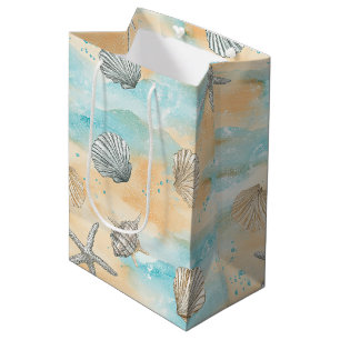 Aqua Beach Vacation Seashell Pattern Medium Gift Bag