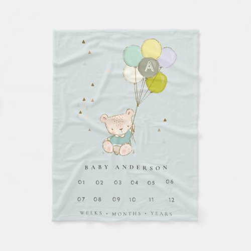 Aqua Bear Balloon Boys Monogram Baby Milestone Fleece Blanket