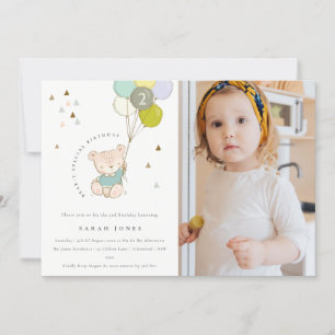 Aqua Bear Balloon Photo Any Age Birthday Invite