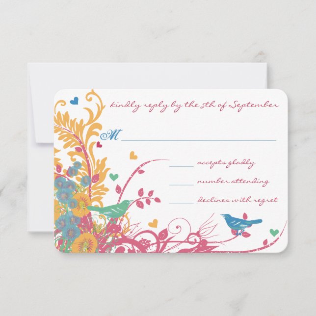 Aqua Beeswax Raspberry Wild Flower Bird Wedding RSVP Card (Front)