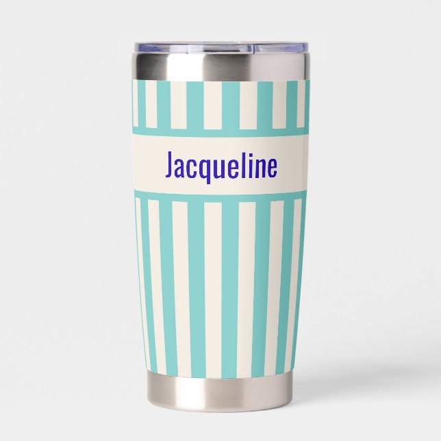 Aqua + Beige Stripe Navy Bridesmaid Bachelorette Insulated Tumbler (Front)