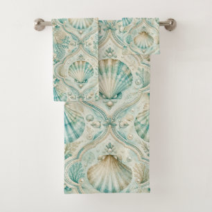 AQUA & BEIGE SUMMER SEASHELLS & PLANTS BATH TOWEL SET