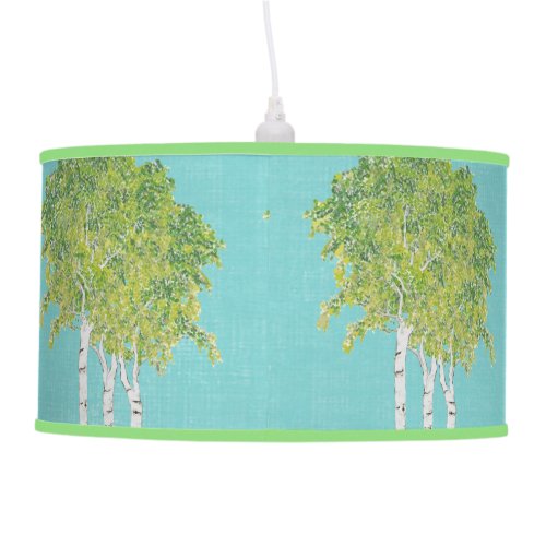 Aqua Birch Tree Forest Drum Pendant Lamp