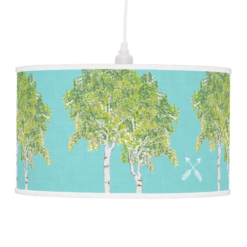 Aqua Birch Tree Forest Drum Pendant Lamp
