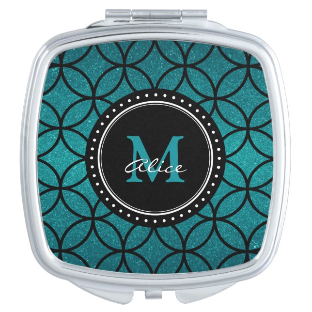 Aqua Black Abstract Circles Pattern Compact Mirror (Front)