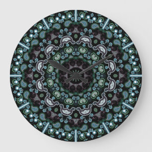 Aqua, Black and Sage Boho Style Paisley Large Clock