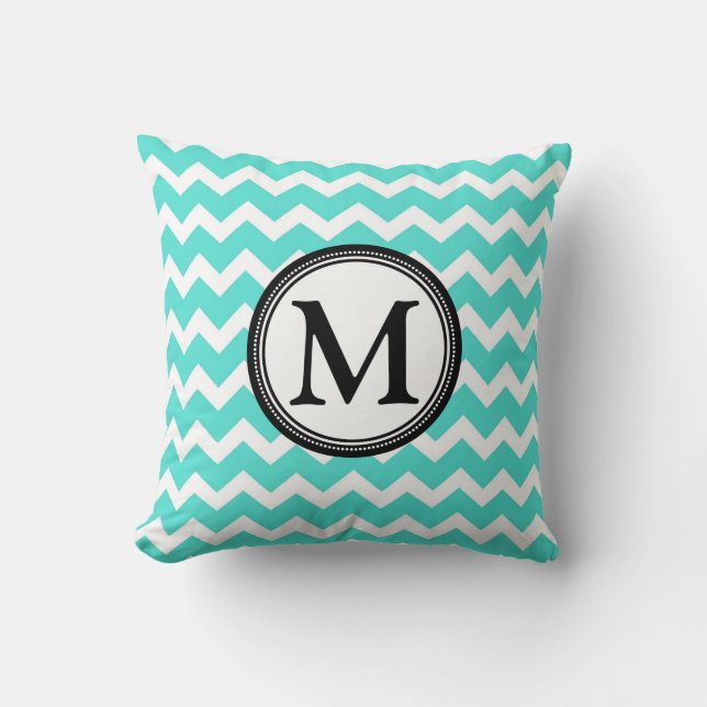 Aqua Black Chevron Monogram Decorative Pillow (Front)