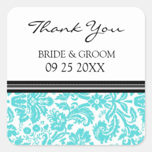Aqua Black Damask Thank You Wedding Favor Tags