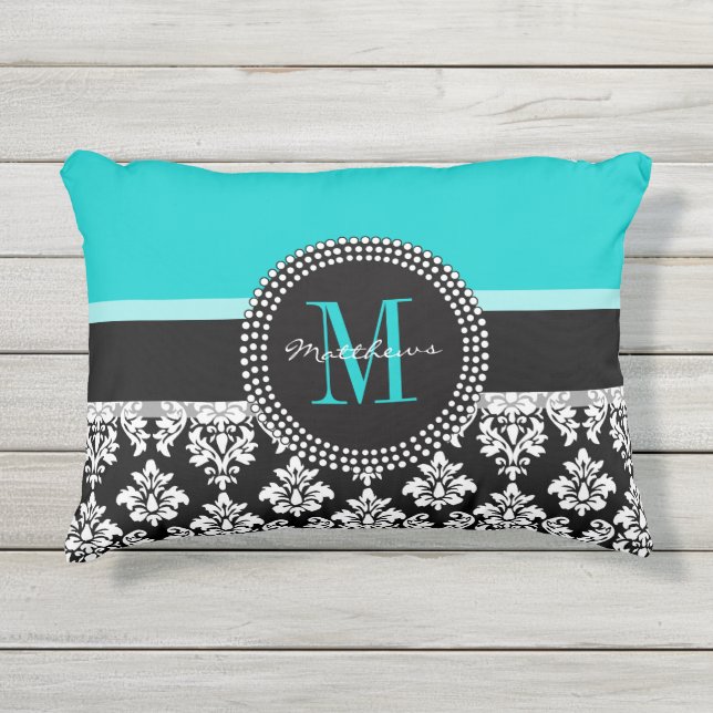 Aqua Black Damask Your Monogram Name Outdoor Pillow (Front)