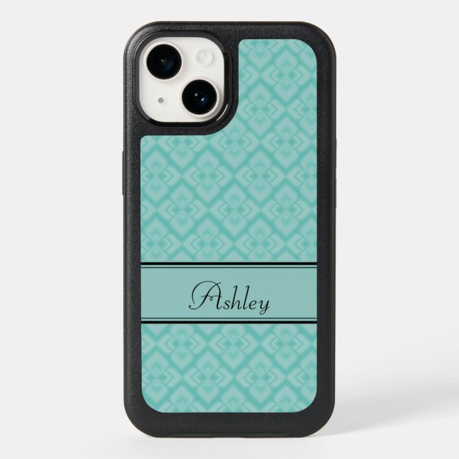 Aqua & black diamond patterned custom name otterbox iPhone case (Back)