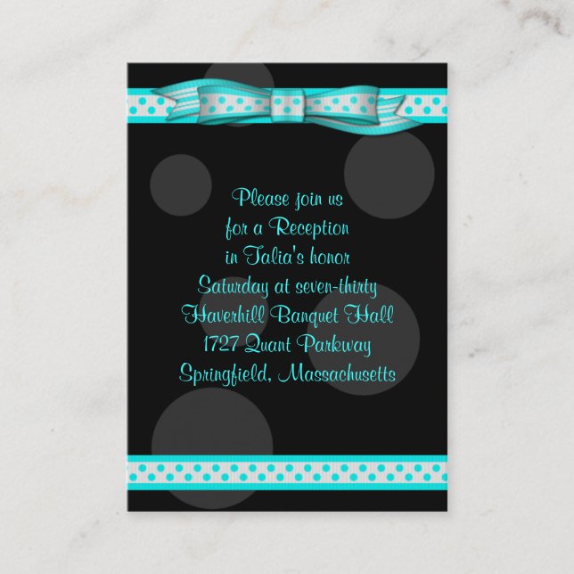 Aqua Black Dot Ribbon Bat Mitzvah Reception Card (Front)