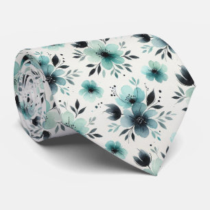Aqua + Black Faux Silk Tie Watercolor Floral