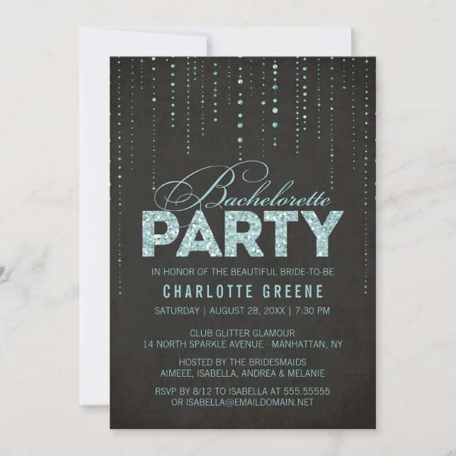 Aqua & Black Glitter Look Bachelorette Party Invitation (Front)