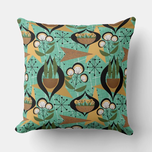 Aqua, Black, Gold Atomic Plants | Mid-Century Throw Pillow (Front)