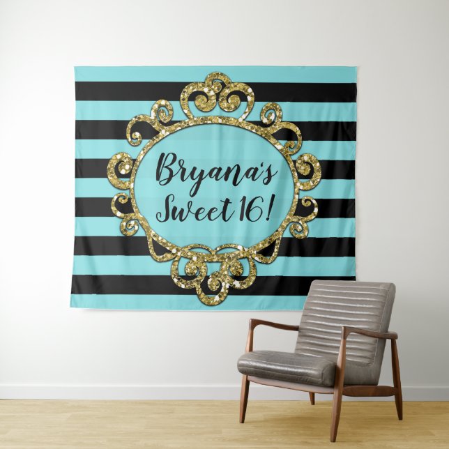 Aqua Black Gold Striped Birthday Party Backdrop (In Situ (Horizontal))