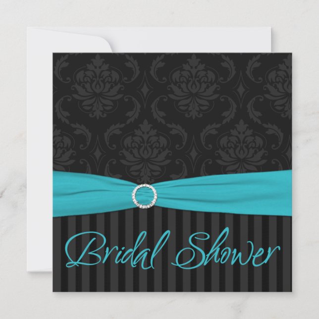 Aqua Black Gray Damask Stripe Bridal Shower Invite (Front)