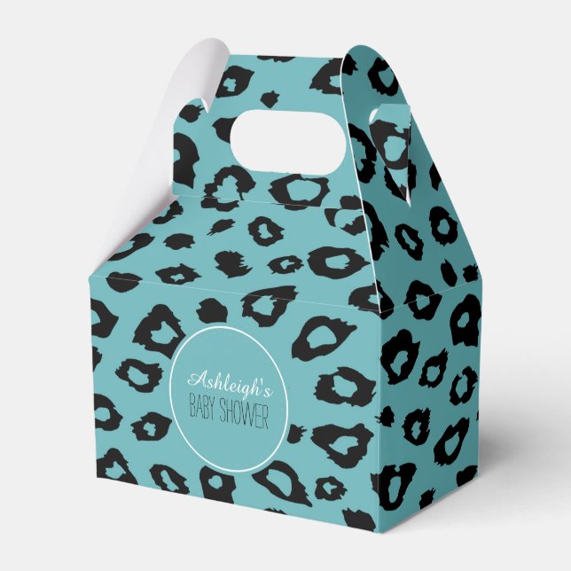 Aqua Black Leopard Print Baby Shower Favor Boxes (Front Side)