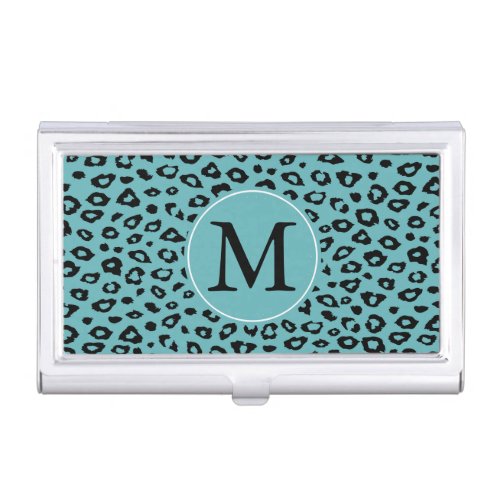 Aqua Black Leopard Print monogram Business Card Case