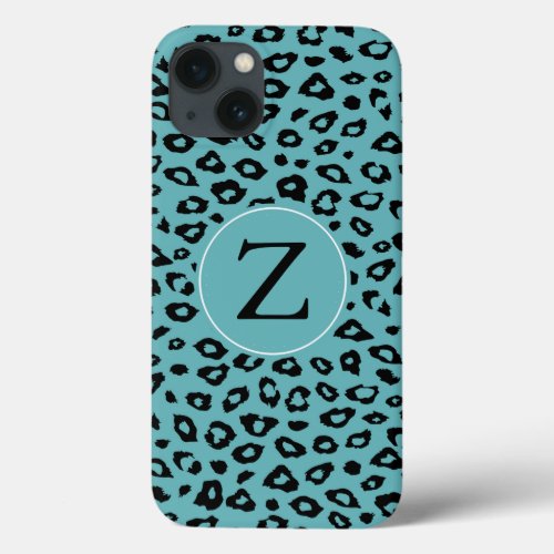 Aqua Black Leopard Print Monogram iPhone 13 Case