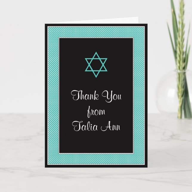 Aqua Black Mini Polka Dot Bat Mitzvah Thank You (Front)