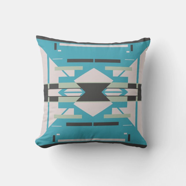 Aqua Black Off-White Symmetrical Southwest Look Th Throw Pillow (Front)
