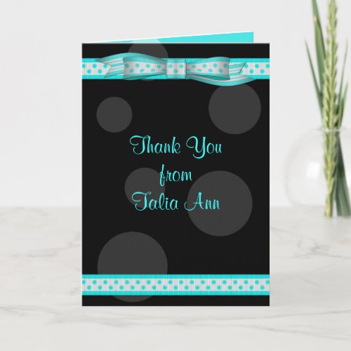 Aqua Black Polka Dot Ribbon Bat Mitzvah Thank You