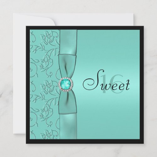 Aqua, Black PRINTED RIBBON Sweet Sixteen Invite