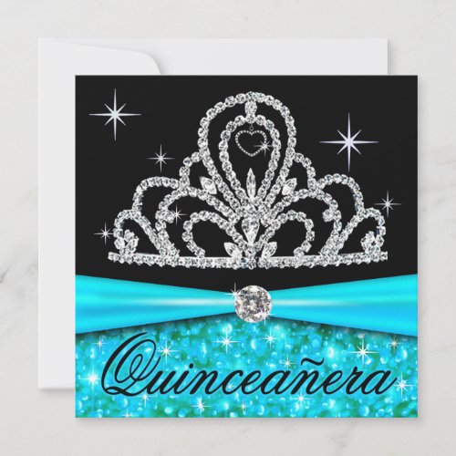 Aqua Black Quinceanera Princess Tiara Bling Invitation