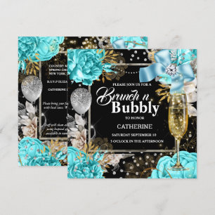 Aqua black rose shabby chic bubbly glitter   invitation